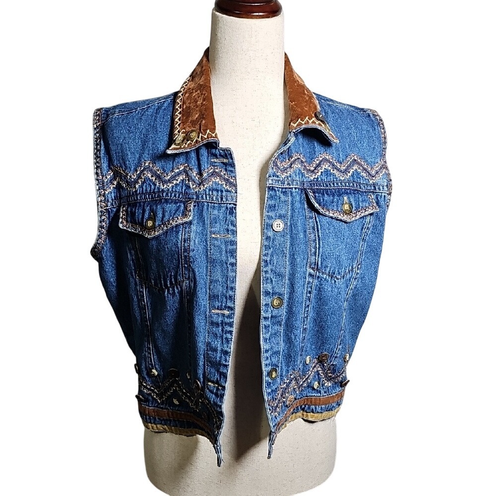 Boho Casual Embelished Denim Vest with Brown Stiching and button Accents Large
